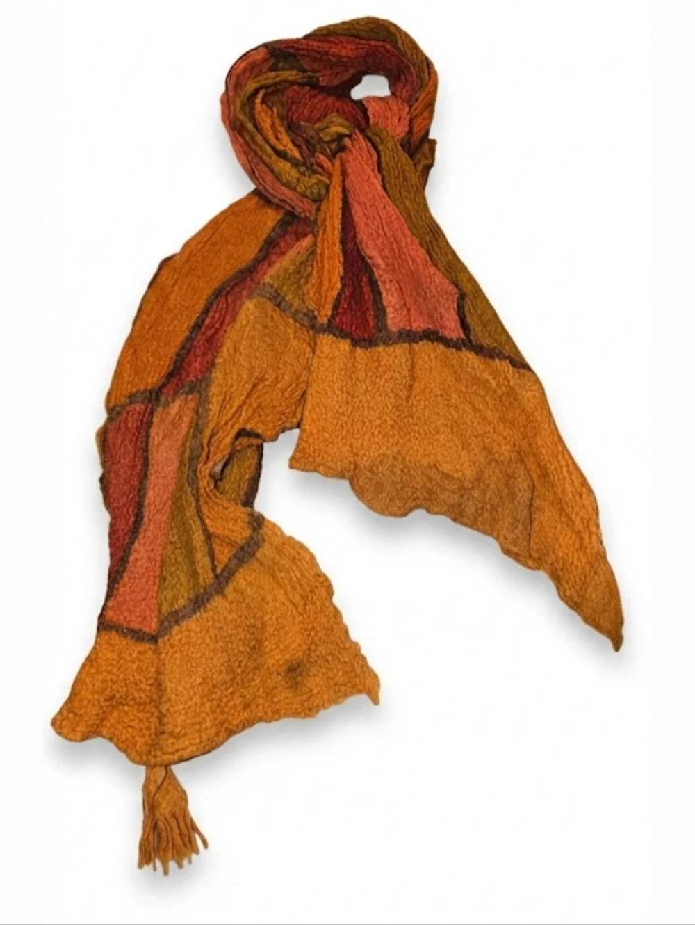 Multicolor woven patchwork crinkle scarf warm fall tones  orange, Red Brown